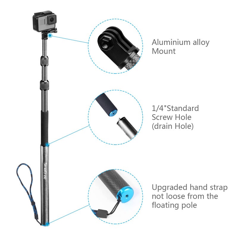 Smatree Carbon Fiber Detachable Extendable Floating Pole Selfie Stick Compatible for GoPro Hero 13/12/11/10/9/8/7/6/5/4/3 Plus/3/Session/GoPro MAX/AKASO EK7000,DJI OSMO Action 5 Pro /4/3/2 Camera - Image 3